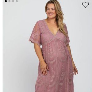 Mauve lace mesh overlay maternity plus maxi dress